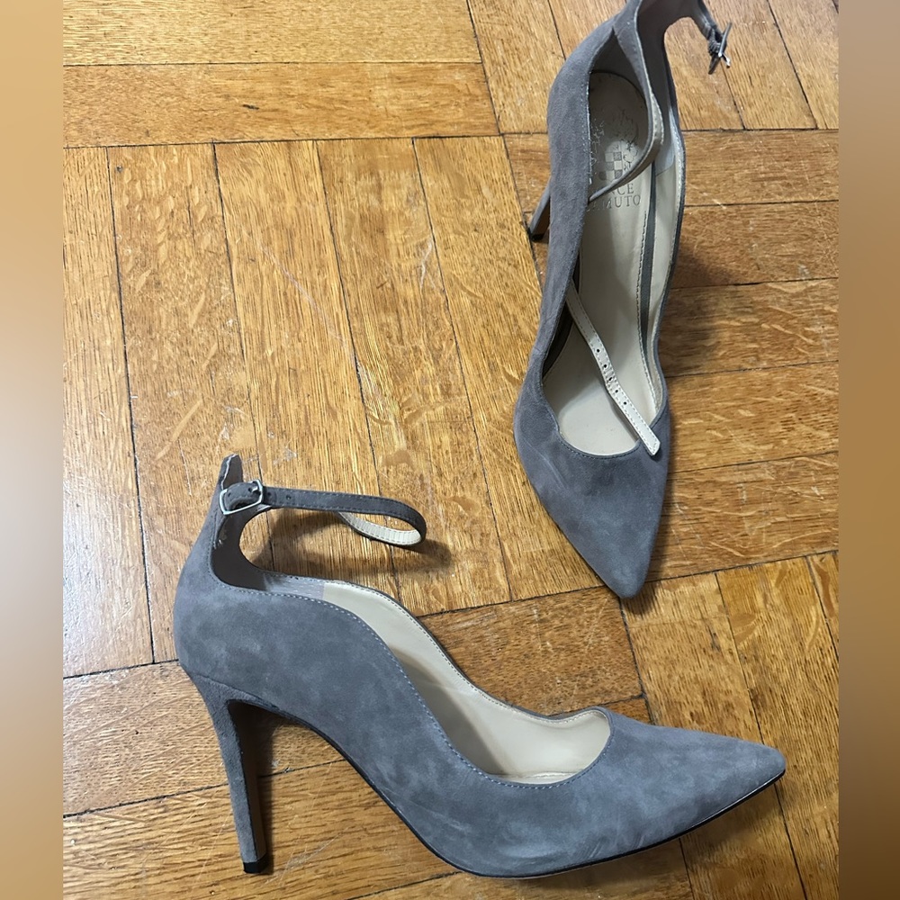 Grey suede point toe, ankle strap stilettos